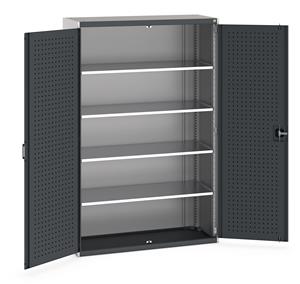 Heavy Duty Bott cubio cupboard with perfo panel lined hinged doors. 1300mm wide x 525mm deep x 2000mm high with 4 x160kg capacity shelves.... Bott Industial Tool Cupboards with Shelves